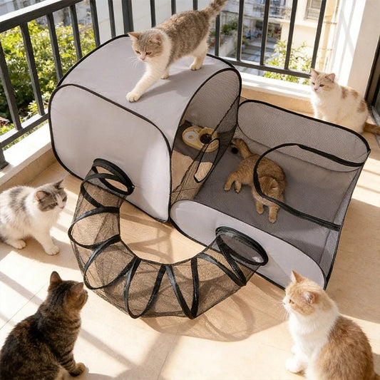 Enclosed Pet Playpen with Tunnel for Cats & Small Dogs