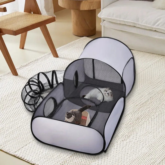 Enclosed Pet Playpen with Tunnel for Cats & Small Dogs