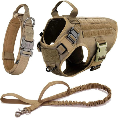 Khaki Tactical Nylon Dog Vest Harness & Collar 3-Piece Set with Leash