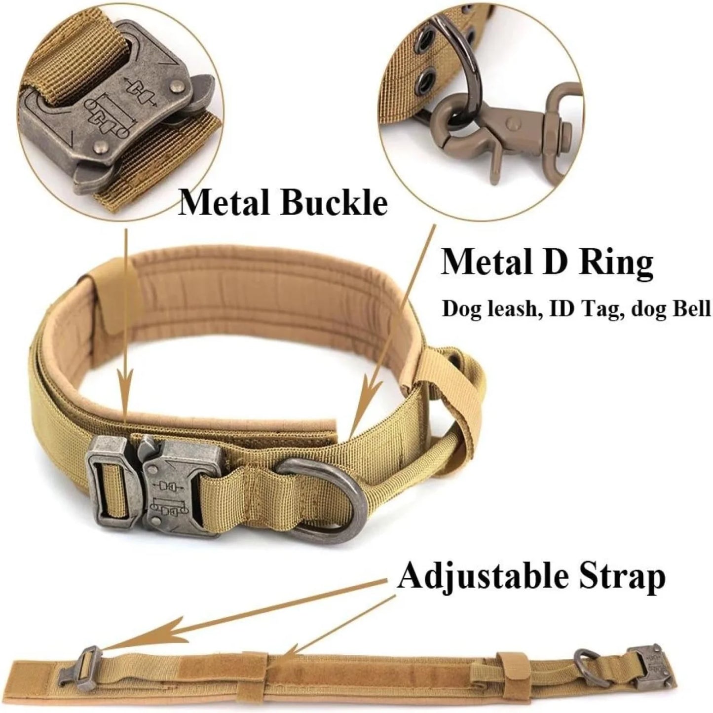Khaki Tactical Nylon Dog Vest Harness & Collar 3-Piece Set with Leash